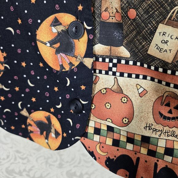 VTG 111 Main Halloween Vest L Black Orange Witch Pumpkins Black Cat Trick Treat - Picture 4 of 10
